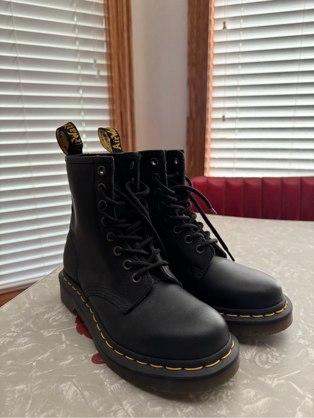 NEVER WORN Dr. Martens Black Leather LaceUp Combat Boots w Yellow Welt Stitching